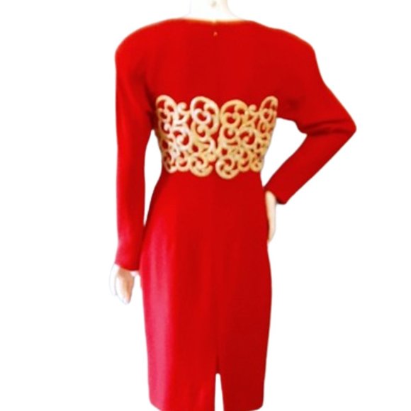 1980s Vintage Lipstick Red Fitted Cocktail Dress With Gold Trim & Shoulder Pads - Picture 6 of 9